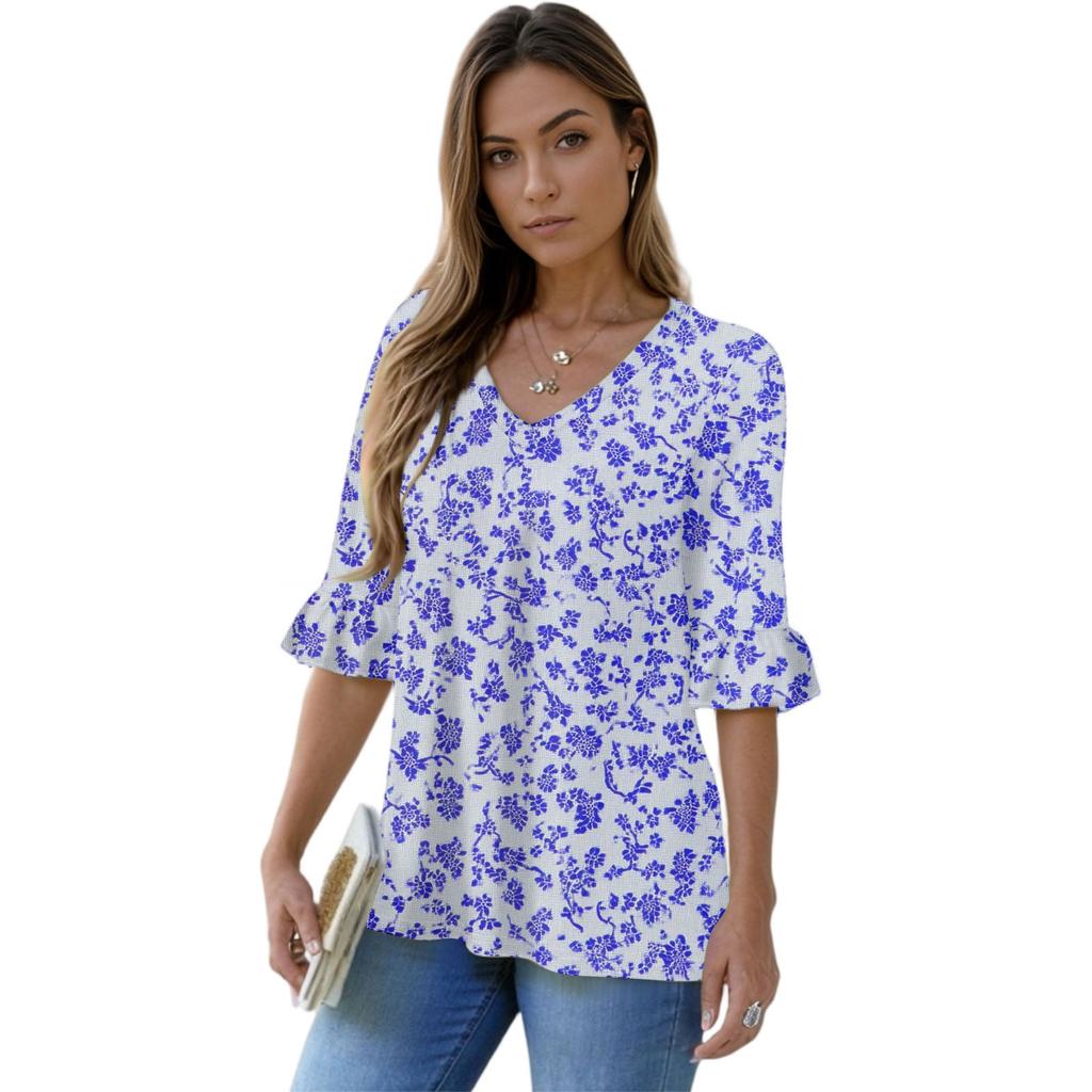 Women's Casual 3/4 Sleeve Tops V-Neck Sleeve T-Shirt Floral Print Tops