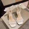 Women Summer High Heel Sandals 2025 Lace Pearl Ankle Strap Black Beige Size 35 40 Chunky Heeled Shoes Sandalias Mujer