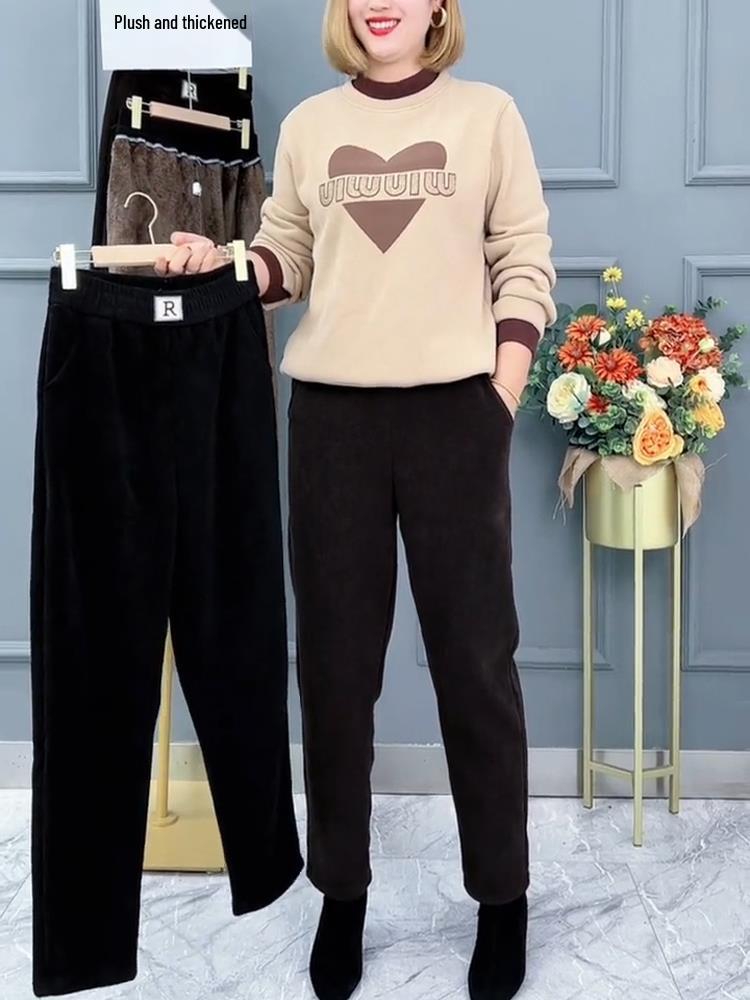 2024 Autumn/Winter Chenille Fleece-Lined Elastic Waist Straight-Leg Pants for Middle-Aged & Elderly Women