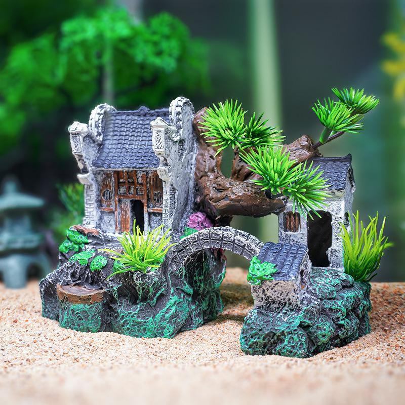 Retro Jiangnan Fish Tank Decoration: Yunhelou Cottage Rockery