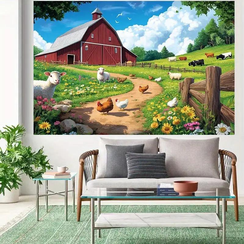 1 piece - Glittering rural scenery barn animal farm background fabric: Polyester fiber