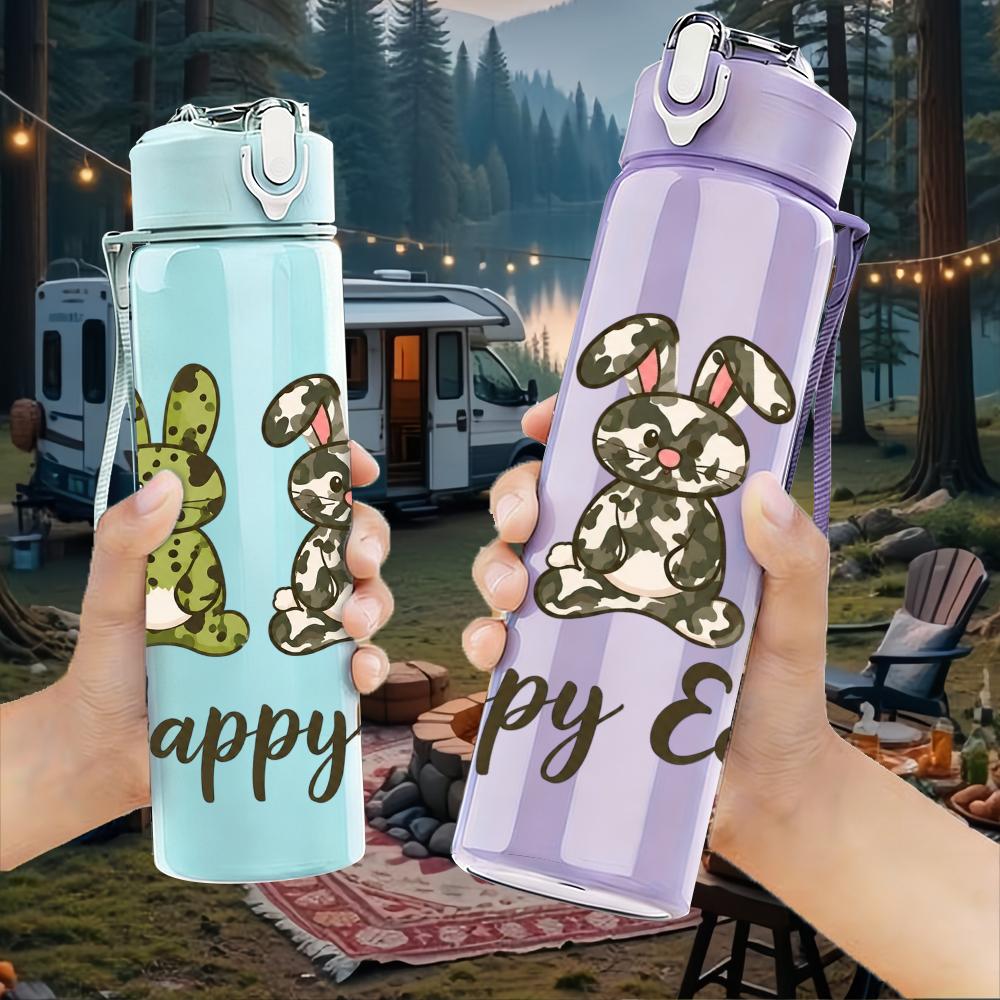 1PC Happy Easter Bunny Trio Figure 750ml Color Plastic Water Bottle Leakproof Flip Straw Lid For Sports Office Home Use