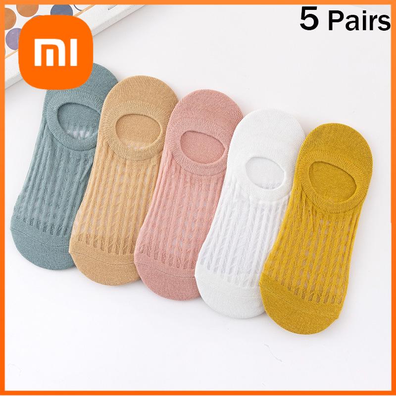 Xiaomi 5 Çift Yazlık İnce File Çorap Bayan Sığ Silikon Kaymaz Görünmez Çorap Sevimli Düz Renk Patik Çorap