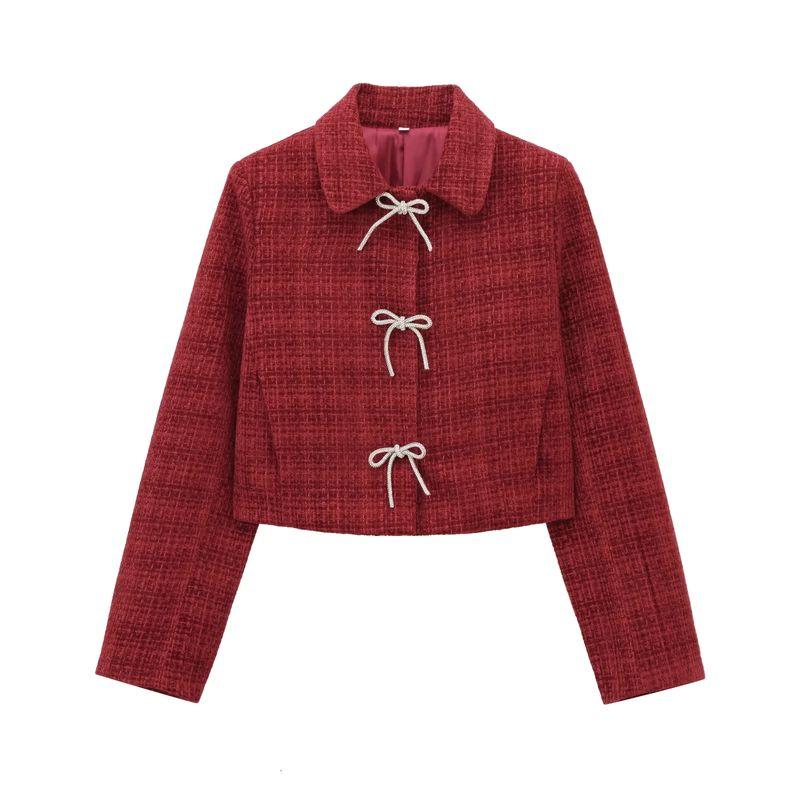 Autumn and Winter New Women clothes Graceful Bow Button Decoration Long sleeve Lapel Texture Outerwear 8711123
