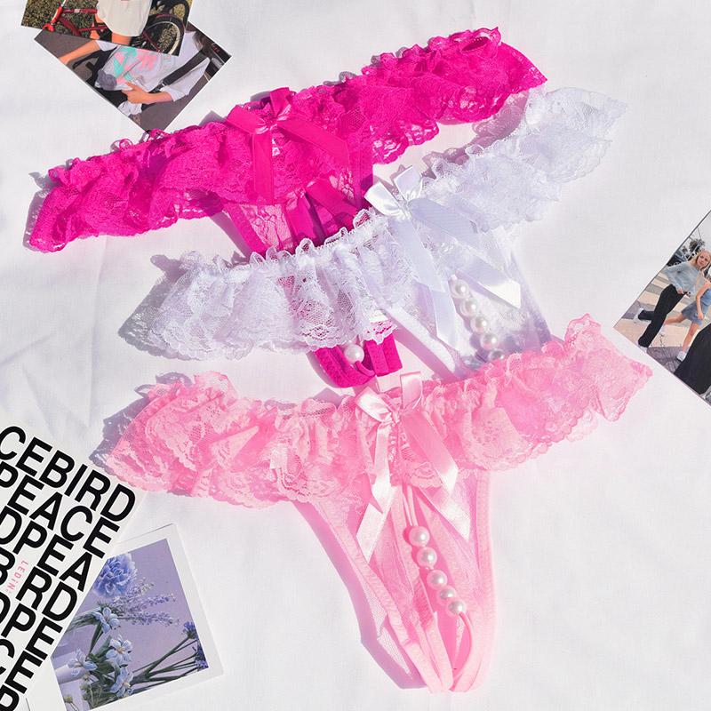 Plus Size Lace Panties Women Sexy Transparent Underwear Pearl Massage Culotte Femme Open Crotch Thongs For Sex Products