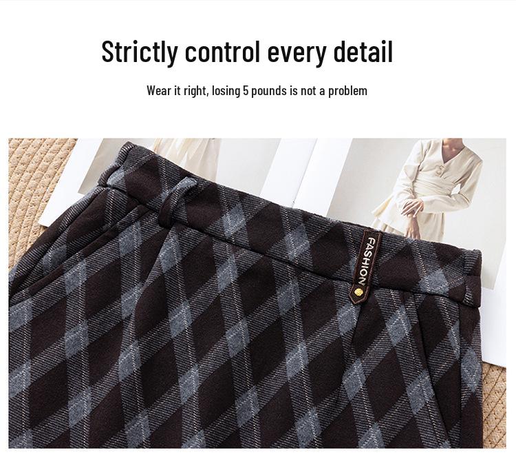 Women's Plaid Wool Hip-Hugging Half Skirt with Elastic Waist and Back Slit, 2025 Winter Collection
