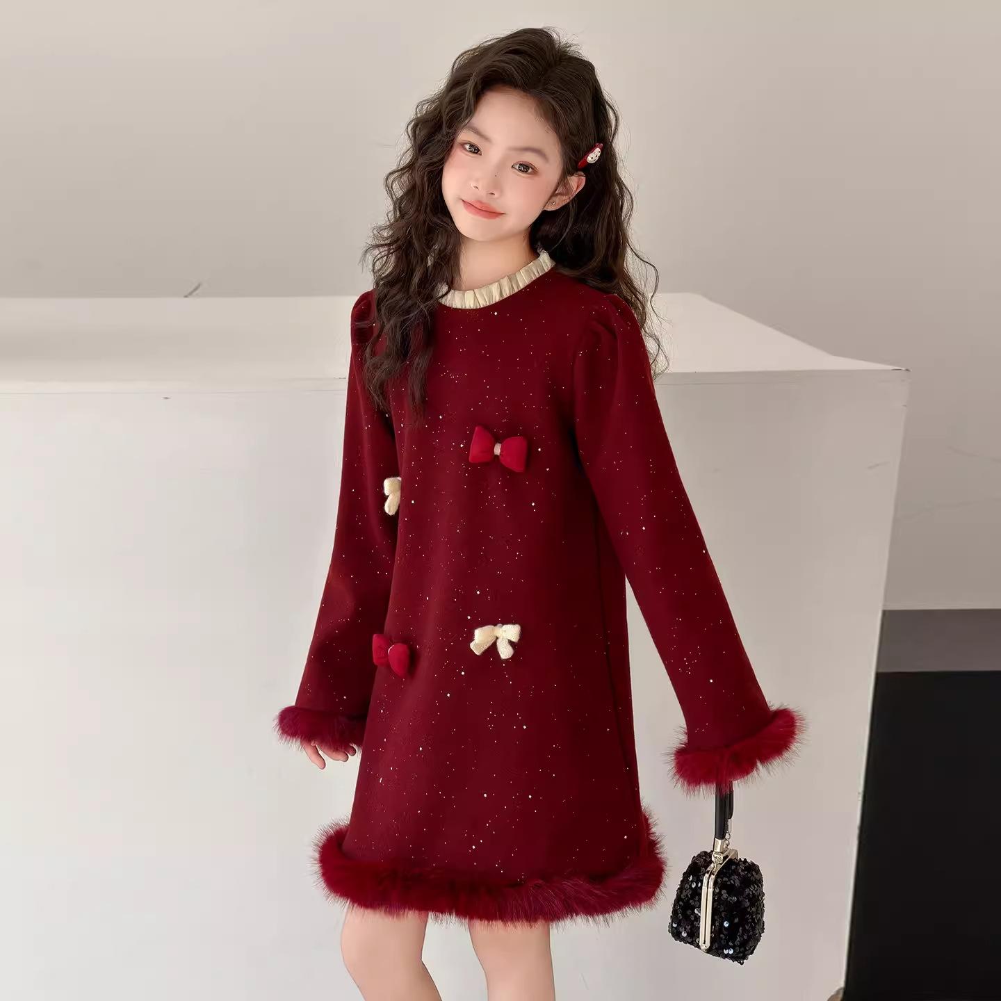 Girls Bow Lace Dress Autumn Winter Sweet Fashion Long Sleeve Party Dress For Big Kids 120