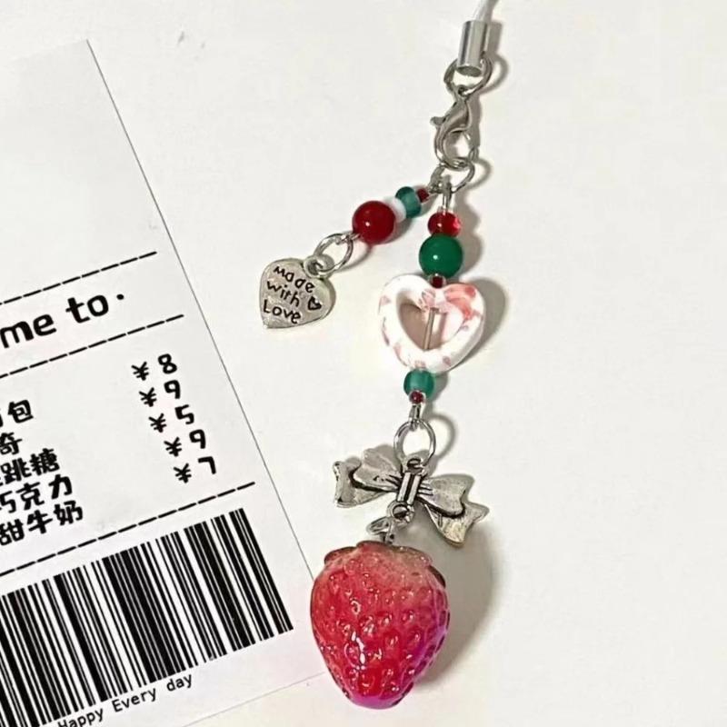 Korea Cute 3D Strawberry Cellphone Strap Chain Love Heart Pendant Keychain for Backpack Charm Dainty Bow Phone Strap Keyring