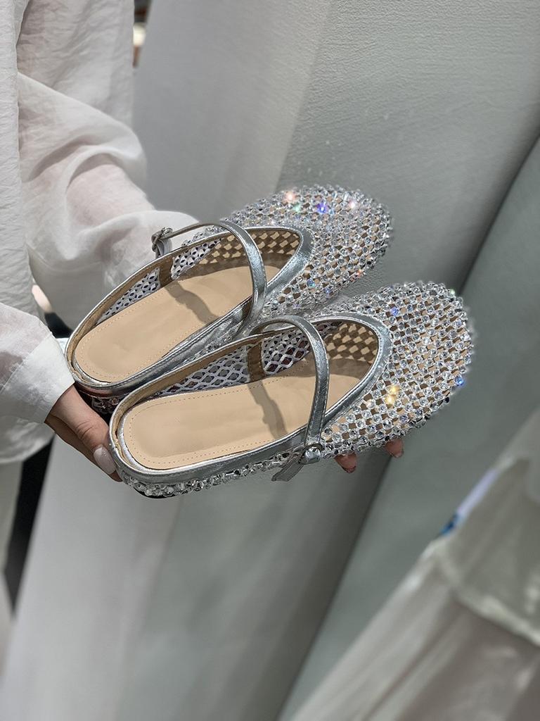 Inner height increase golden rhinestone mesh hollow bag head half slippers women's shoes outer wear 2025 summer Mary Jane sandals
