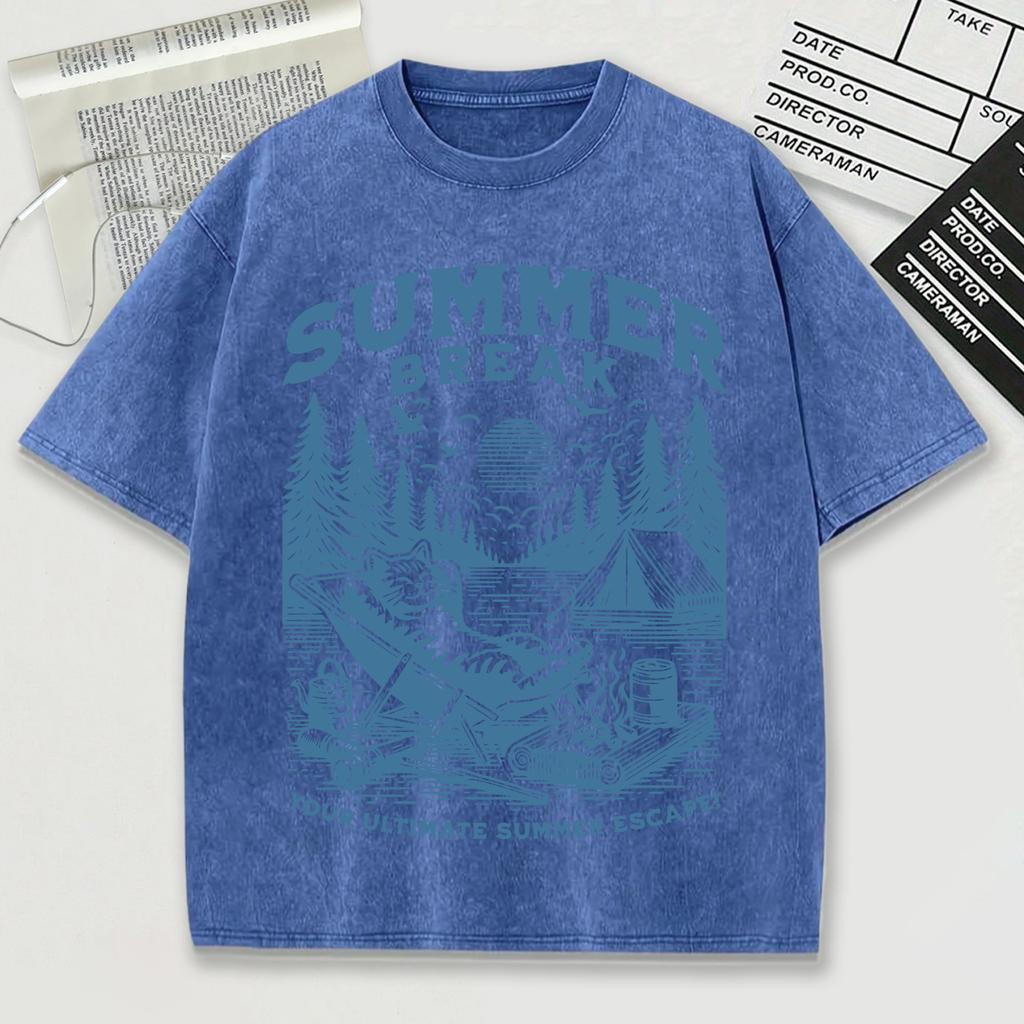 Summer Break Prints Washed T-Shirt Men Summer Loose Cool O-Neck Tee Breathable Sport Soft Cotton Short Sleeve