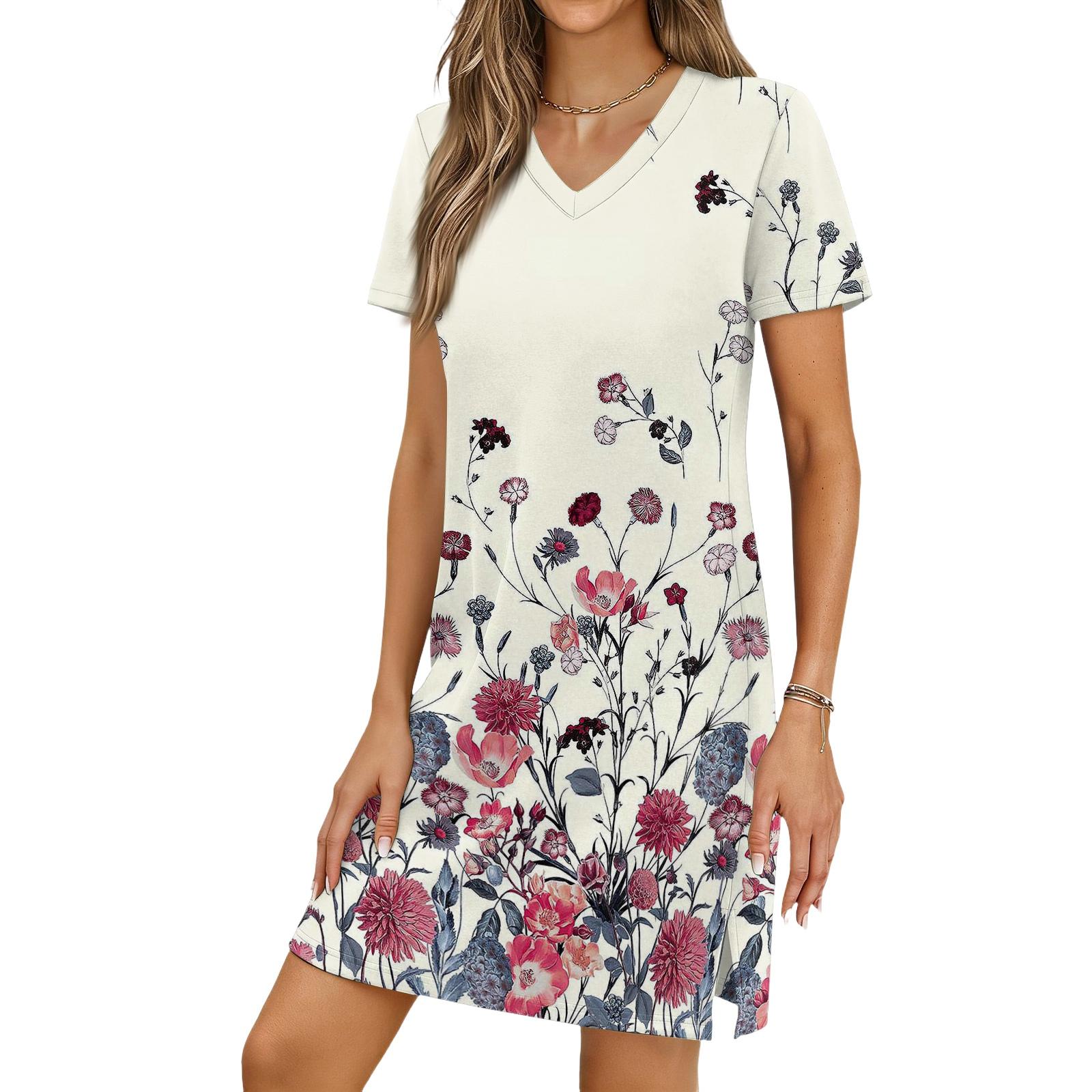 Women s Casual V-neck Short Sleeve Split Hem Vintage Printed Dress S бежевый