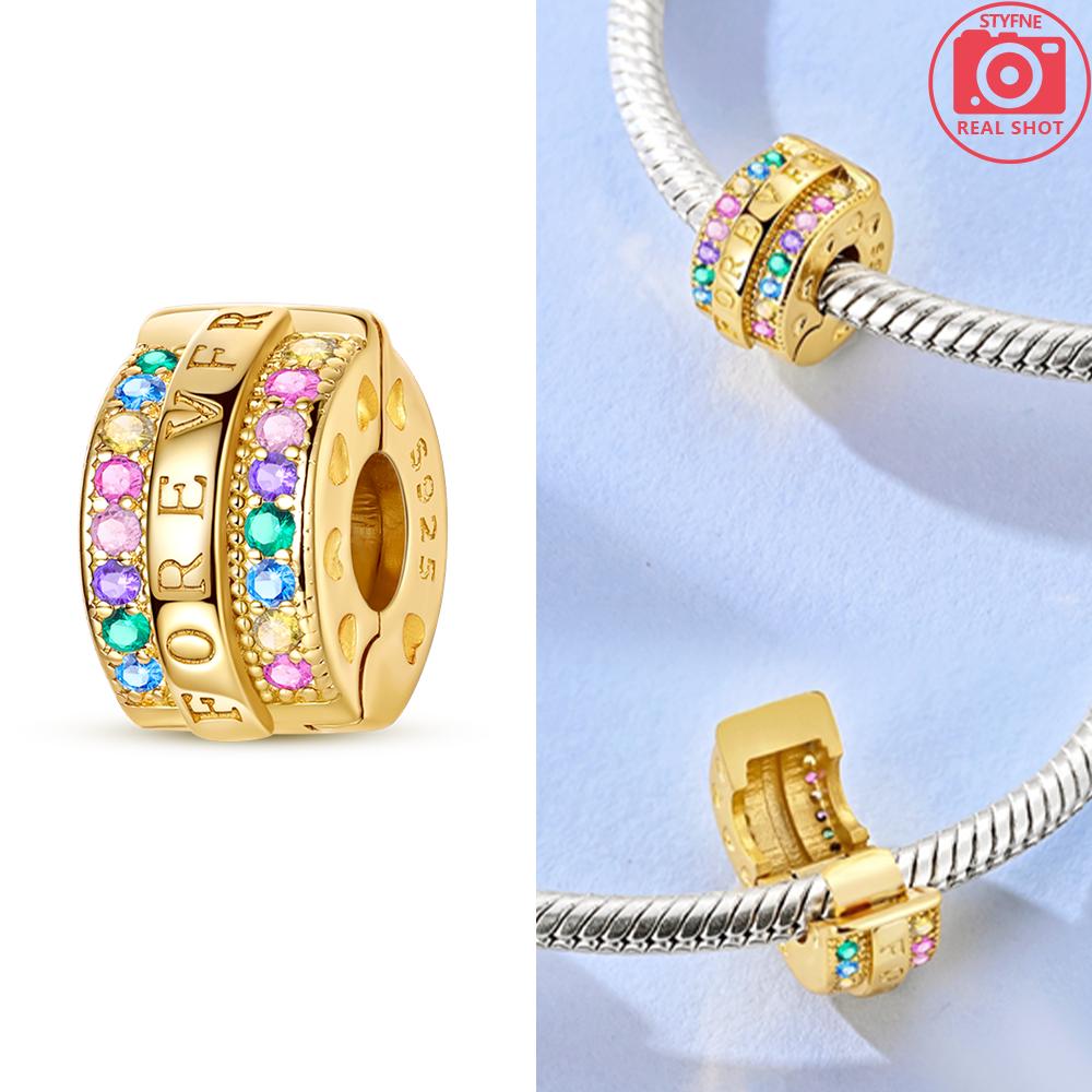 

Original Copper Gold Fixed Clip Four-Leaf Clover Forever Color Zircon Claws Bead Fit Bracelet Charms Women Jewelry Fine Gift
