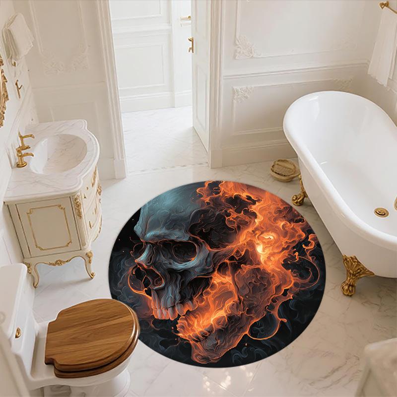 Fire and Smoke Skull  Round Area Rug,Carpet Rug for Living Room Bedroom Sofa Playroom Decor,Non-slip Floor Mat