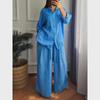 Plus Size Cotton Linen High Waist Shirt Set - Loose Fit, Solid Color, Long Sleeve, Suitable for Spring and Autumn.