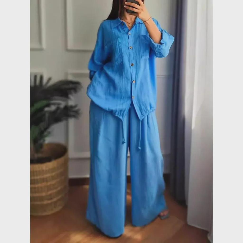Plus Size Cotton Linen High Waist Shirt Set - Loose Fit, Solid Color, Long Sleeve, Suitable for Spring and Autumn.