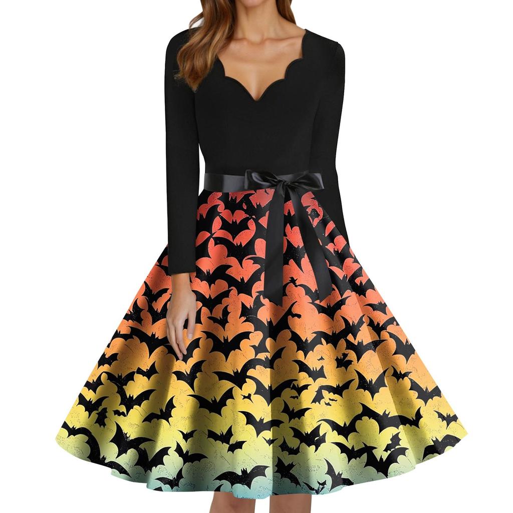 Women's Fashion V-Neck Casual Slim Fit Halloween Printed Long Sleeve Dress