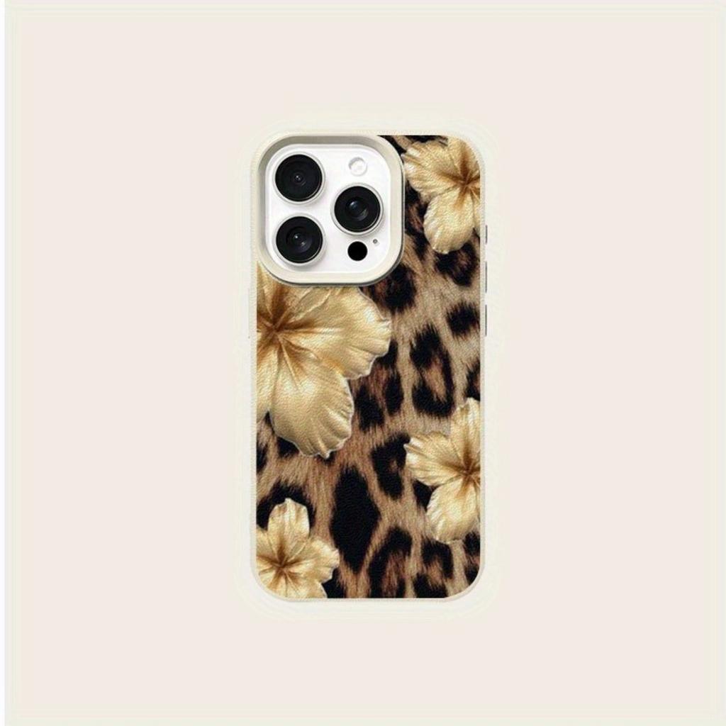 A Retro Leopard Print Floral Patterned Lychee-Textured Phone Case, Suitable for iPhone 17, 16, 15, Plus, Pro, Max Series Phones—Can Be Used as a Gift