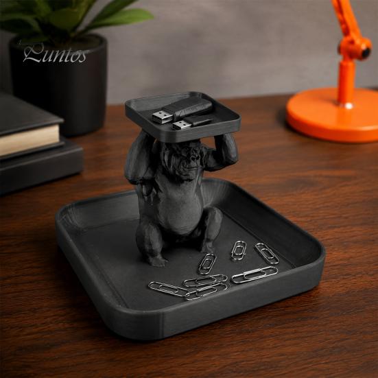 Desktop Organizer for Keys 3D Printed Gorilla Decorative Tray, Squatting Figure with Dual-Tier Storage Cool Desk Jewelry Small Trinkets, Creative