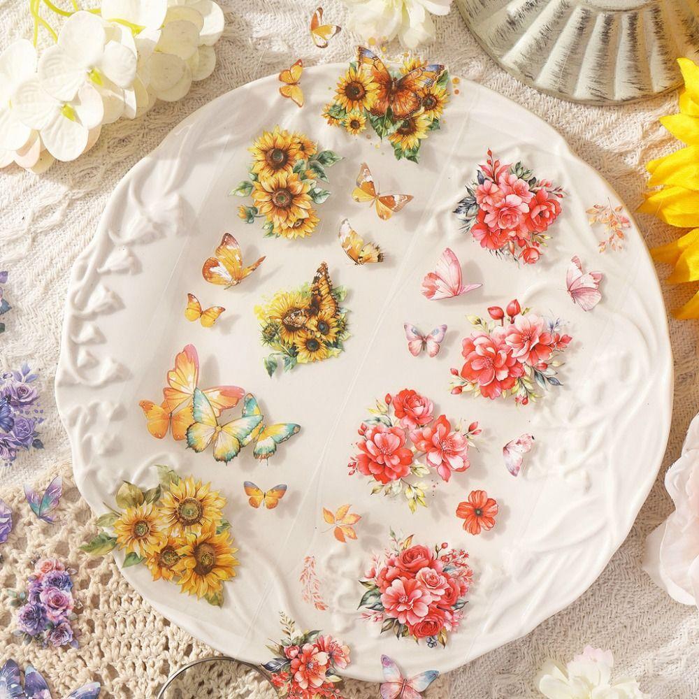 20 Sheets Flowers Scrapbook Stickers Flower Design Transparent Junk Journal Stickers Removable PET Material