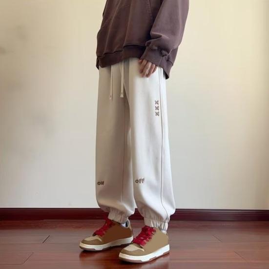 Spring Fall Men Sport Pants Loose Drawstring Elastic Waist Pockets Ankle-banded Letter Embroidery Exercise Trousers Daily Wear Sweatpants