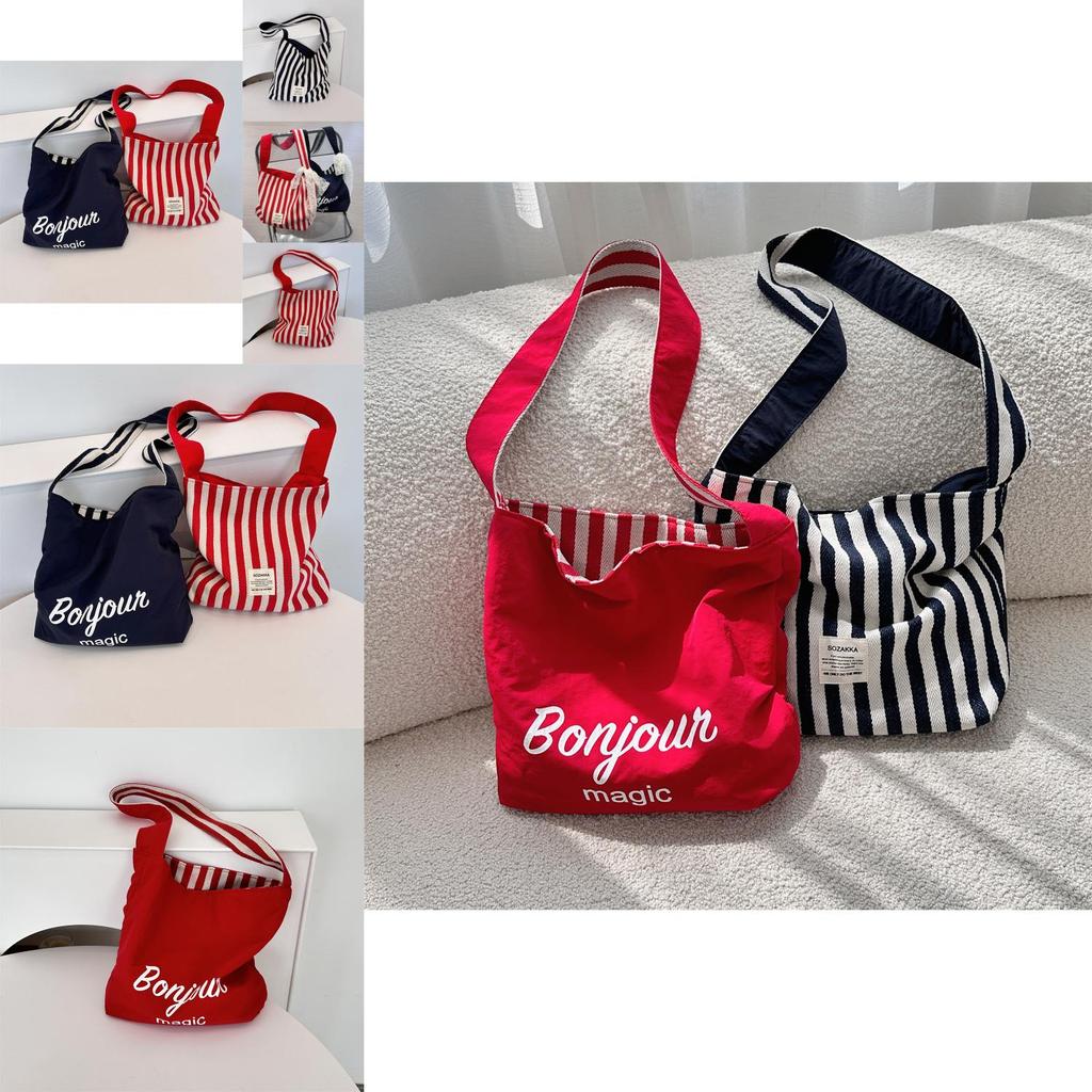 Fashionable Striped Canvas Tote Bag With Single Shoulder Strap For Casual Outings