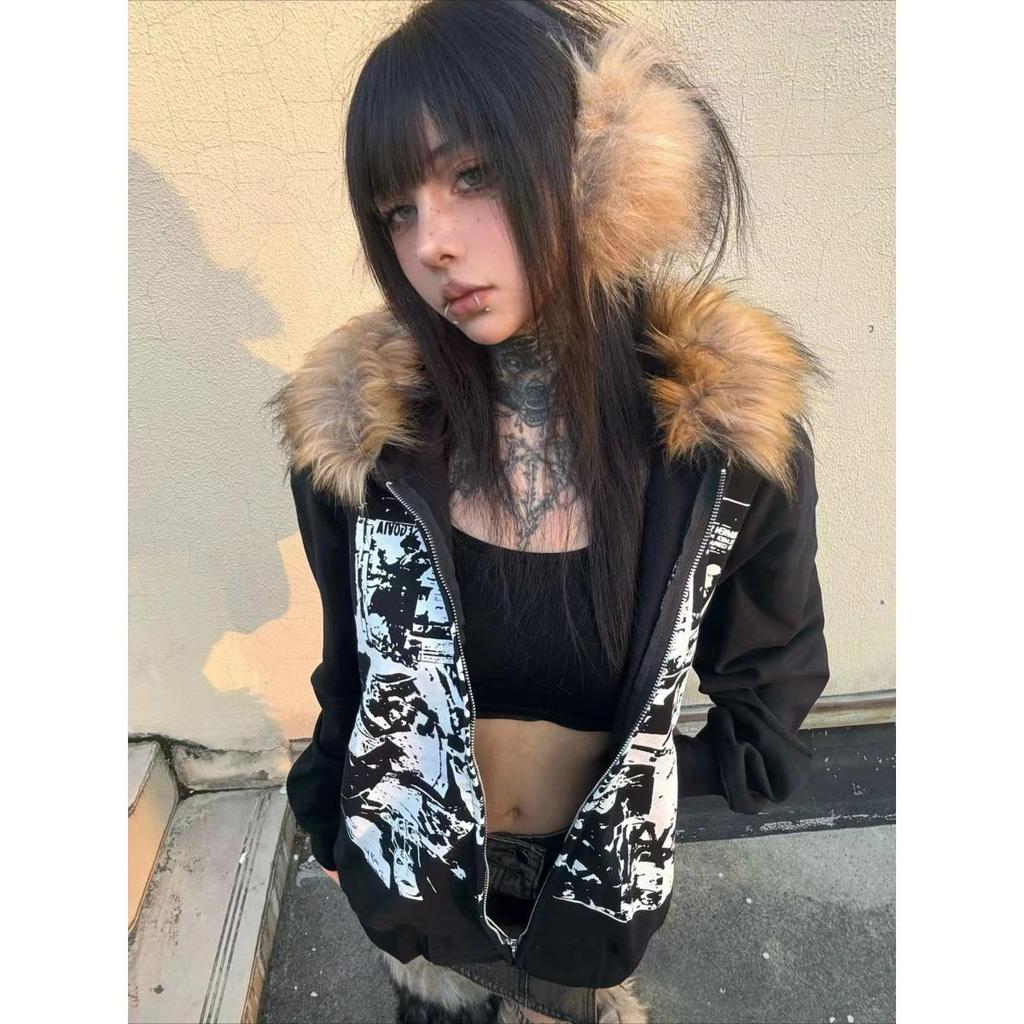 2KWEIRD Faux Coats Women Graphic Jacket with Hooded Fleece Fur Hoodie Edgy American Retro Street Style and Y2K Fashion Top