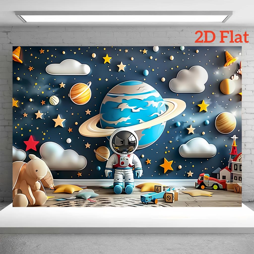 2D Flat Banner 1 Piece - Space Theme Polyester - Featuring Astronauts Planets and Stars
