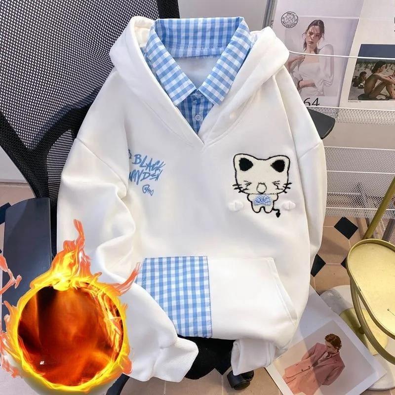 Fake Two Pieces Cartoon Embroidery Hoodies Y2k Aesthetic Casual Loose Sweatshirt Women Harajuku Plaid Patchwork Vintage Hoody