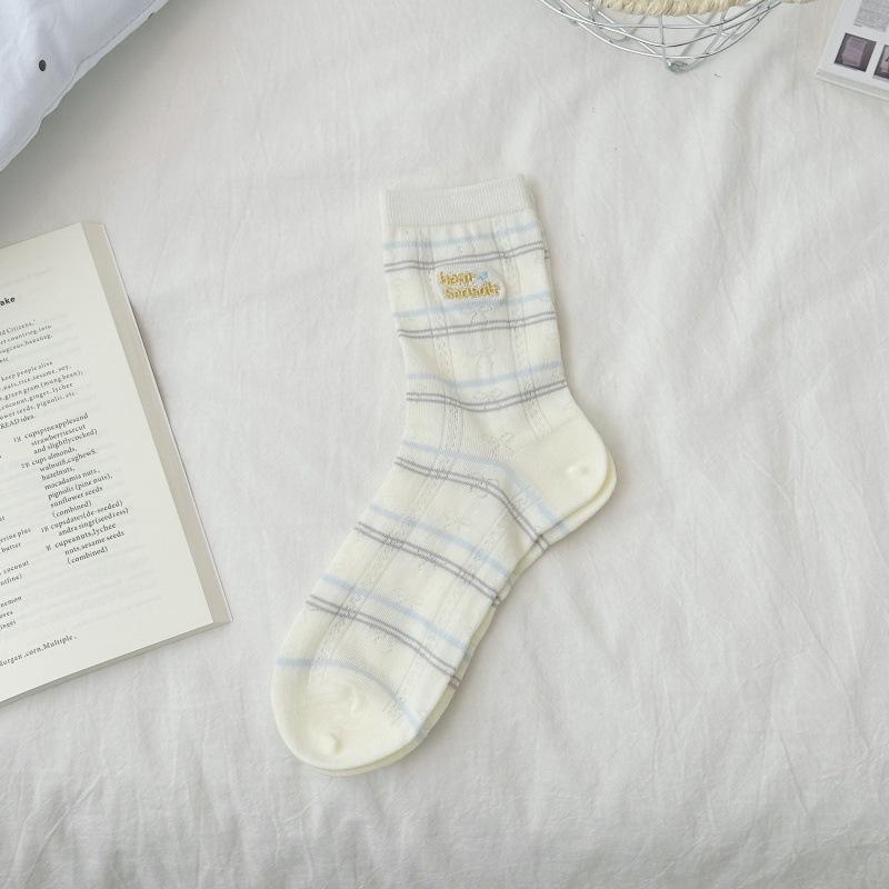 

Summer Lightweight Children s Sock Featuring Cartoon Little Bear Embroidery, Thick Pile Socks with Stripes and Letters, Cotton Material 1 pair