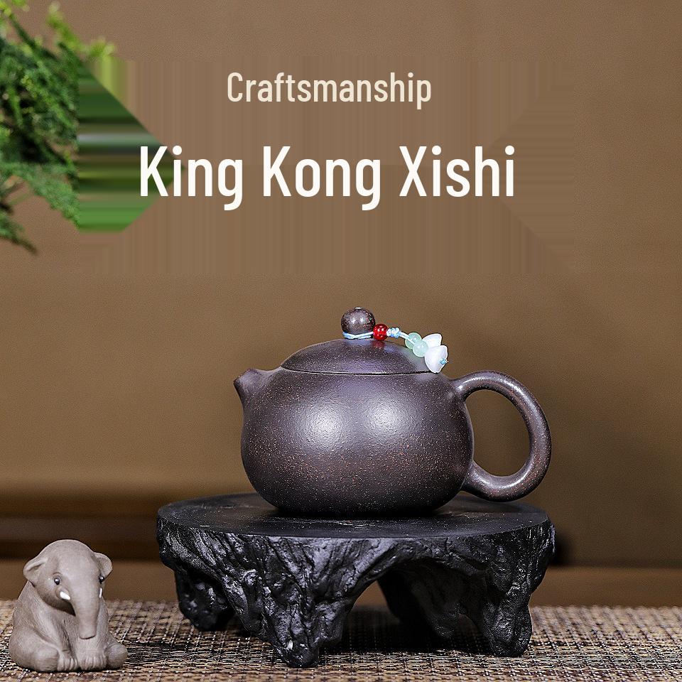Ciphertext Yixing Zisha Teapot: Black Gold Sand Handmade King Kong Xishi Kung Fu Set 220cc