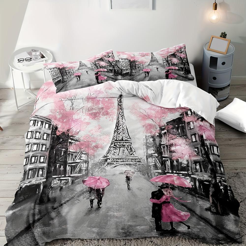 

3pcs Bedding Set Pink Paris City Eiffel Tower Print Cozy Duvet Cover King Queen Twin Size Birthday Gift for Adult Bedroom Decor EU Single 135x200cm