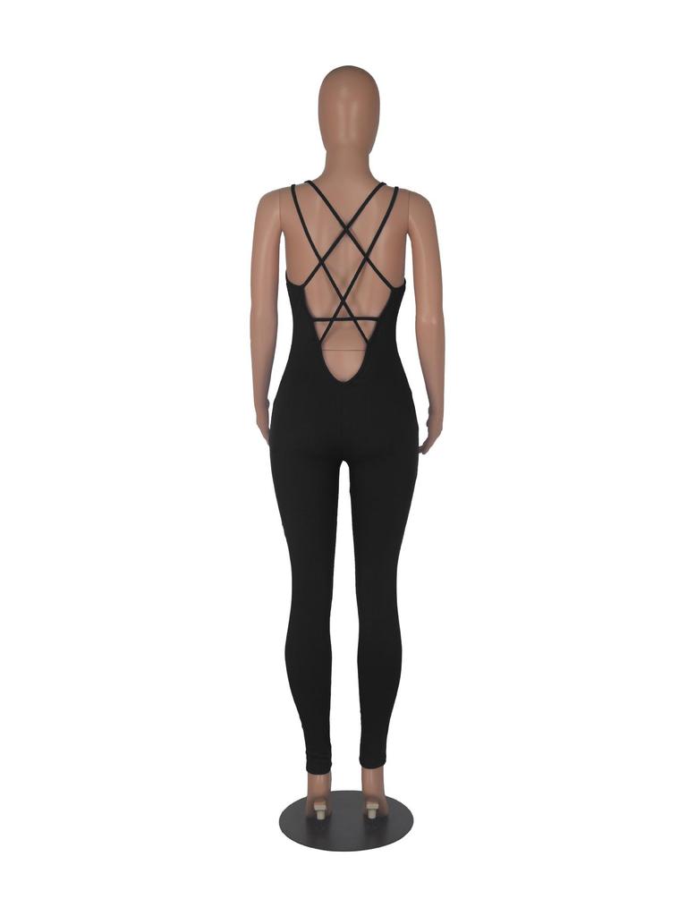 M3132 Sleeveless Backless Waist-Gathering Solid Color Yoga Jumpsuit