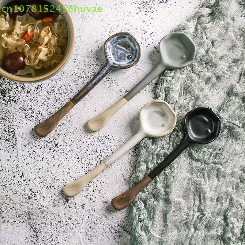 Long Handle Crooked Spoon Cute Exquisite Stoneware Retro Afternoon Tea Coffee Stirring Spoon High Value Handmade Spoon Spoon