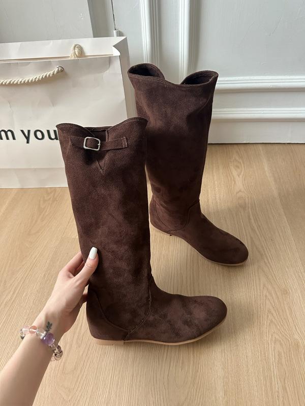 

Французская замша увеличение внутренней высоты 2025 осень и зима новые женские с маленьким квадратным носком матовые ретро, но до колена ковбойские вестерн ботинки женские 40 коричневый
