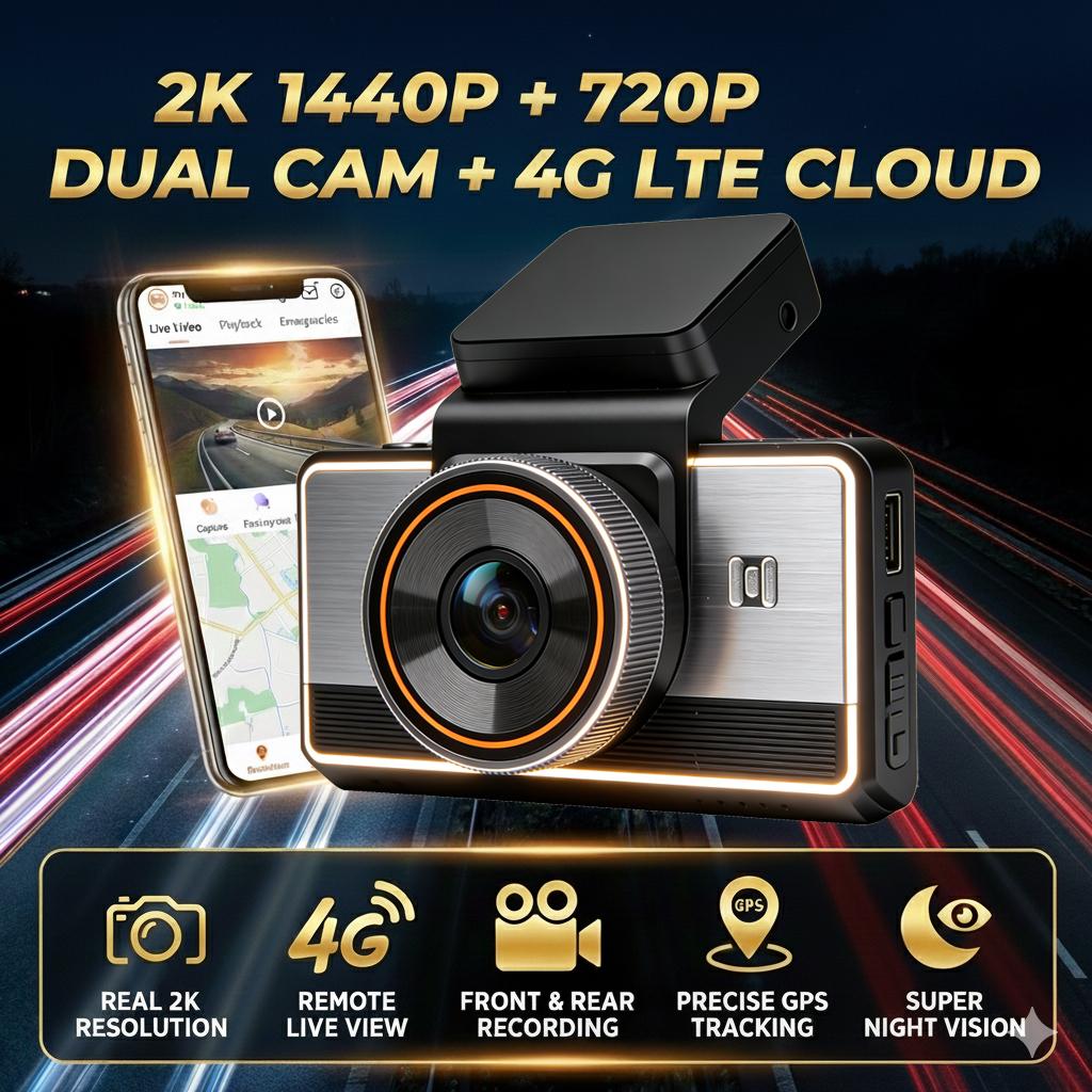 4G 2K Dual-Lens Dash Cam, 3-Inch Screen, WiFi, GPS Tracking, Remote Live Video Via Phone, 12-24V Power Supply, Car Camera