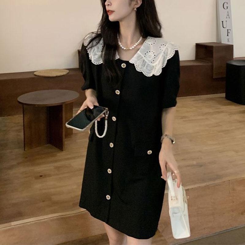 Stilvolles Mini-Kleid mit Peter-Pan-Kragen aus Spitze Damenbekleidung Französischer Stil Knopf-Patchwork Sommer Einfarbig Koreanische A-Linien-Kleider