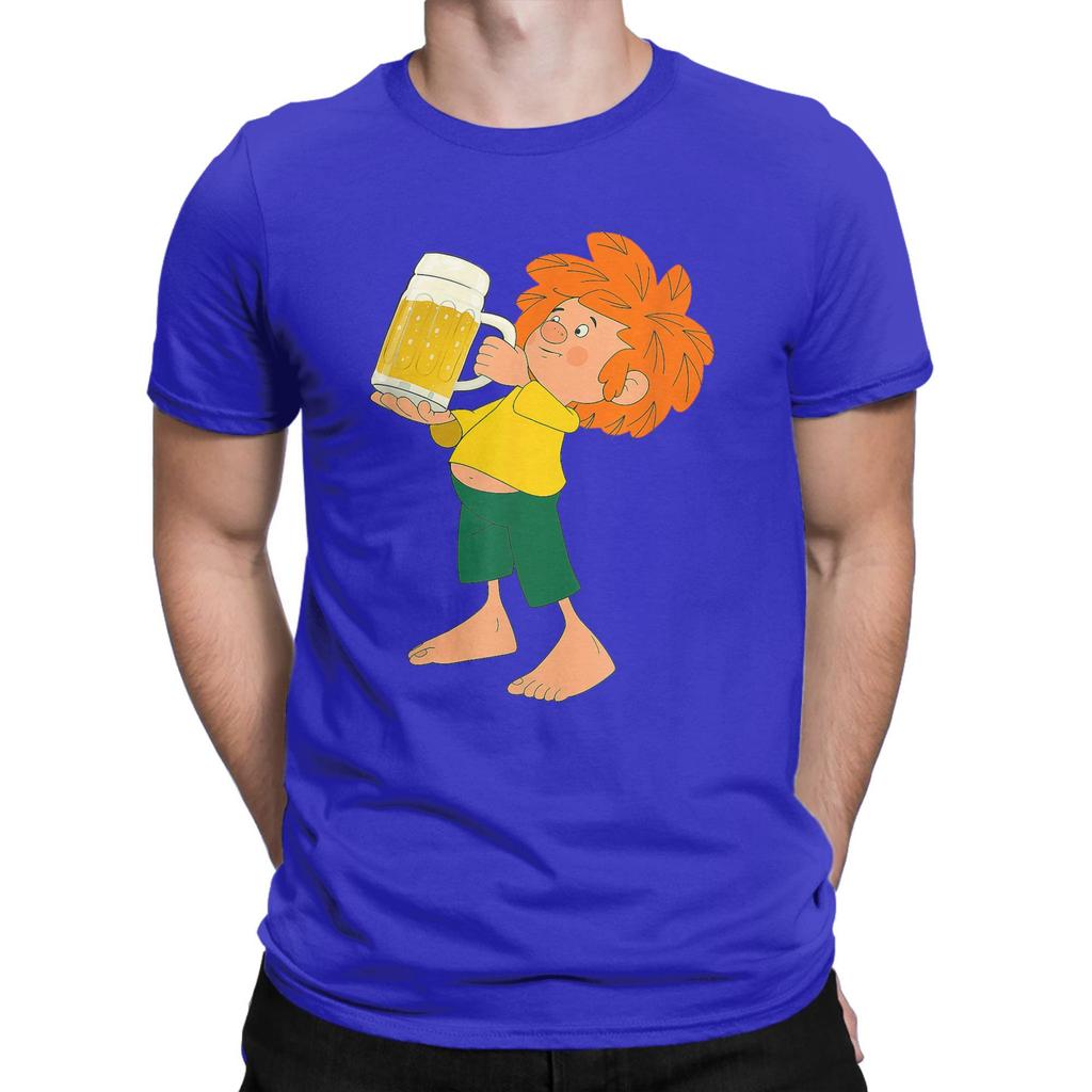 Men T-Shirt Pumuckl Drinks Beer Vintage Pure Cotton Tee Shirt Short Sleeve Anime Cartoon T Shirts Crew Neck Clothing Plus Size
