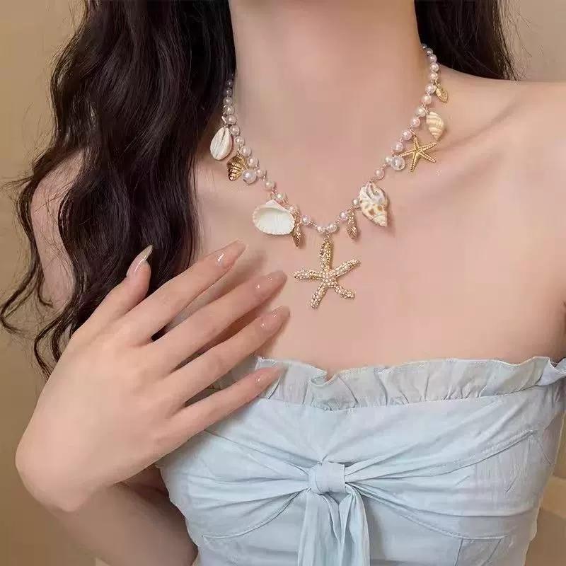 Trendy Shell Conch Sea Star Pendant Pearl Chain Choker Necklace For Women Summer Beach Party Neck Accessories Gift Wholesale
