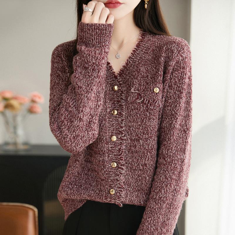 Elegant Women's V-Neck French Knit Cardigan - Warm, Versatile Heather Yarn Sweater