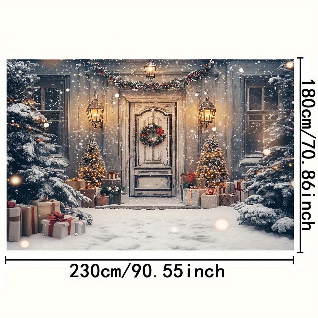1 Christmas background with snow porch flower wreath gift box and snow covered tree no power required winter scene