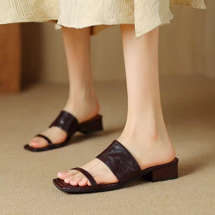 

Thick heel with slippers for women s outer wear summer 2025 new low-heeled open-toed square-headed Roman sandals 40 темно-коричневого