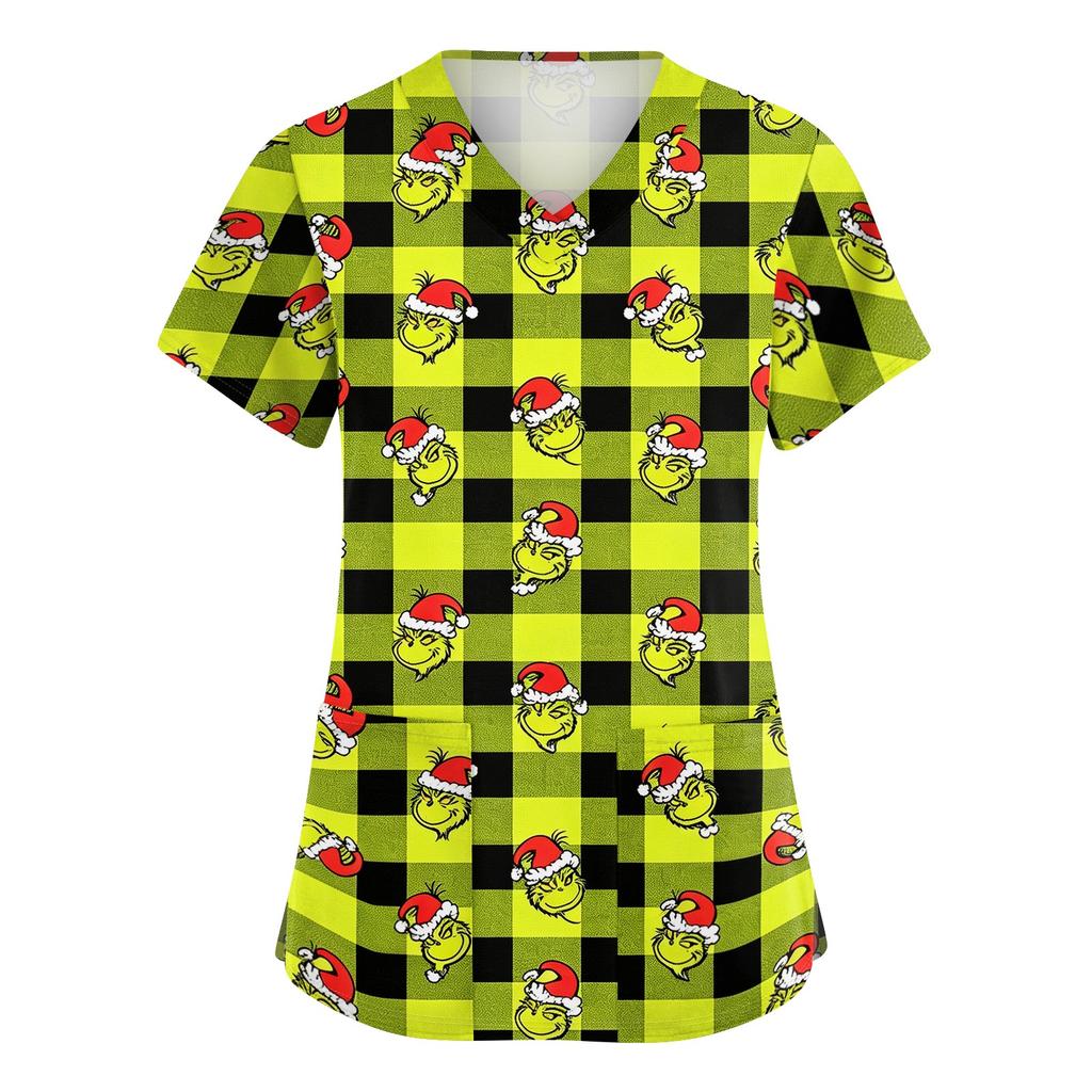Women's Stylish V-Neck Short Sleeve Work Top with Pockets, Printed Caregiver Uniform Shirt