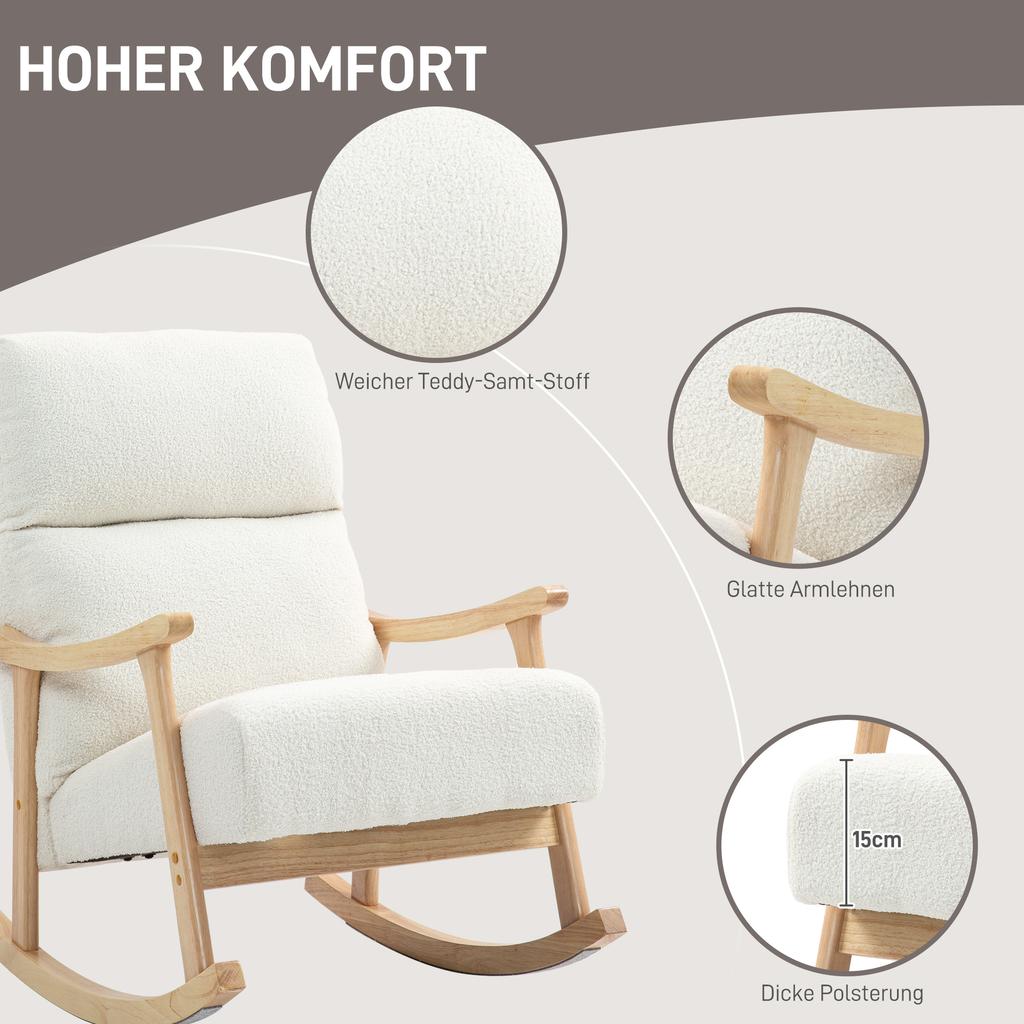 Rocking Chair Fabric Upholstery In Velvet Look Ergonomic Backrest 120 Kg Load Capacity 65B X 90T X 98H Cm Cream White