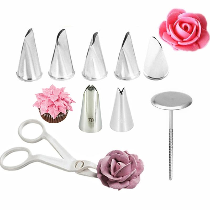 9Pcs/set Flower Scissor Cake Tray 7pcs Leaf Tips Tulips Rose Nozzle Nail Decor Lifter Fondant Cream Transfer Baking Pastry Tool