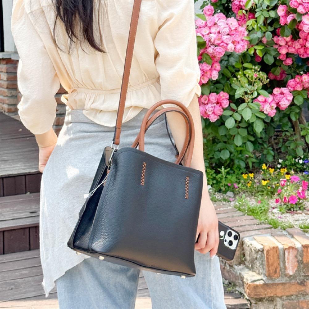 New Arrivals Open Run Women Classic Cowhide Stitch Square Handle Tote Bag Cross