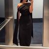Women's One Shoulder Short Sleeve Maxi Dress Slim Fit High Waist Elegant Solid Color Evening Midi Dress