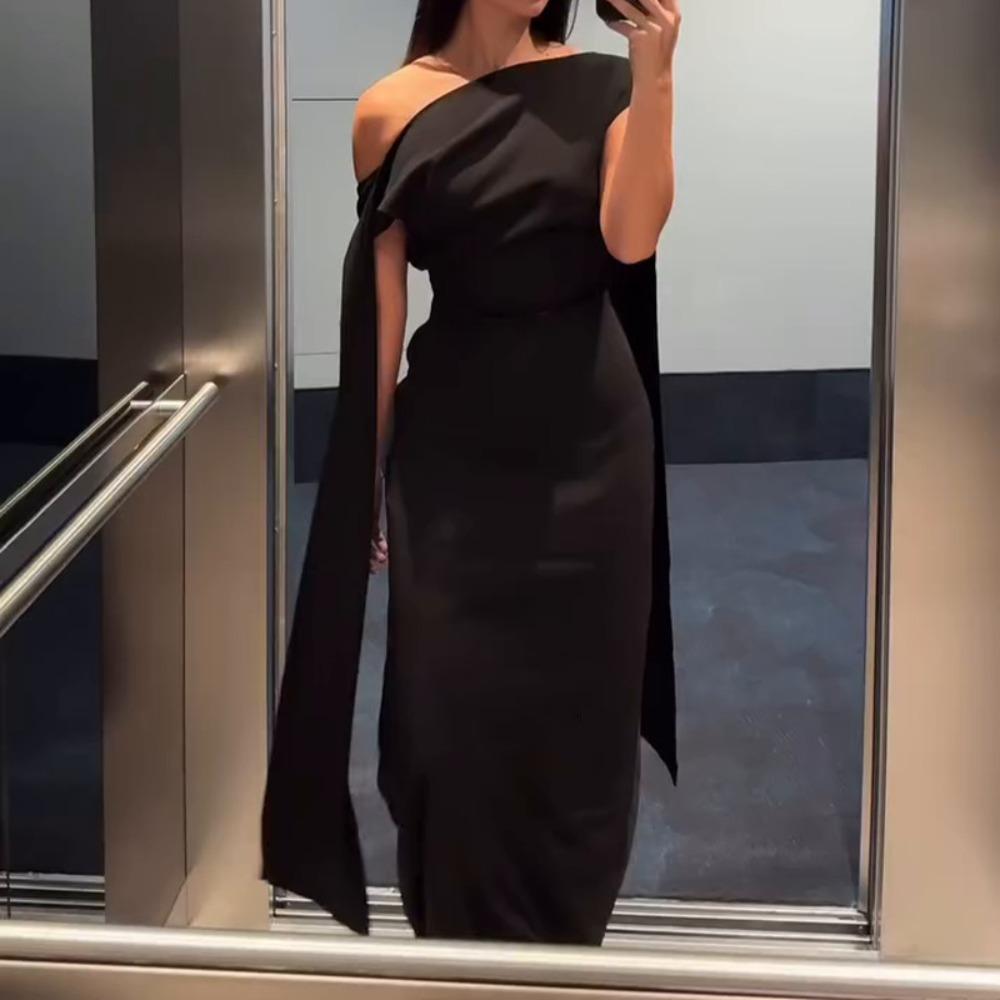 Women's One Shoulder Short Sleeve Maxi Dress Slim Fit High Waist Elegant Solid Color Evening Midi Dress