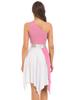 Womens One Shoulder Dance Dress Color Block Patchwork Design Asymmetrical Hem Sleeveless Performance Gown
