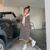 Early Autumn 2026 New Striped Loose and Thin Hooded Knitted Medium and Long Skirt Lazy Style Casual Dress Women