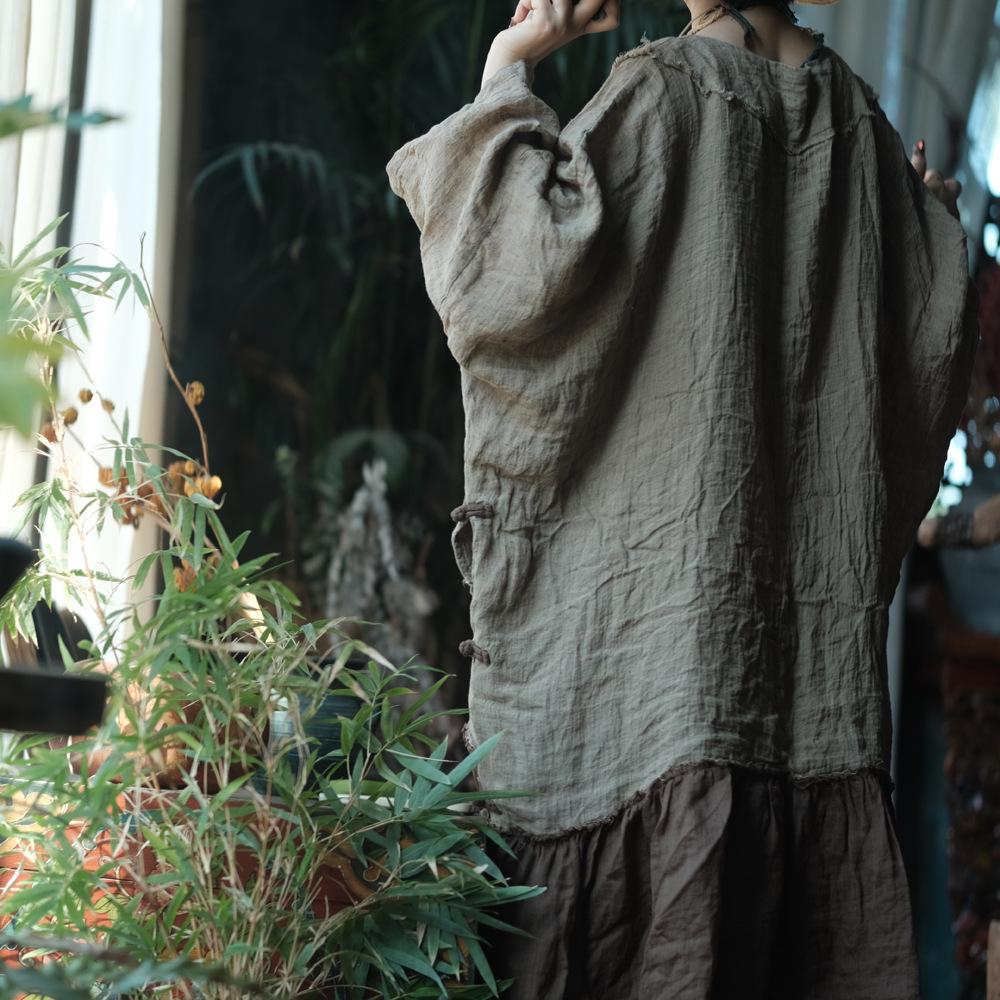 Johnature Damen Vintage Kleider Patchwork Farbe O-Ausschnitt Langarm Herbst Locker Chinesischer Stil Knopfkleid